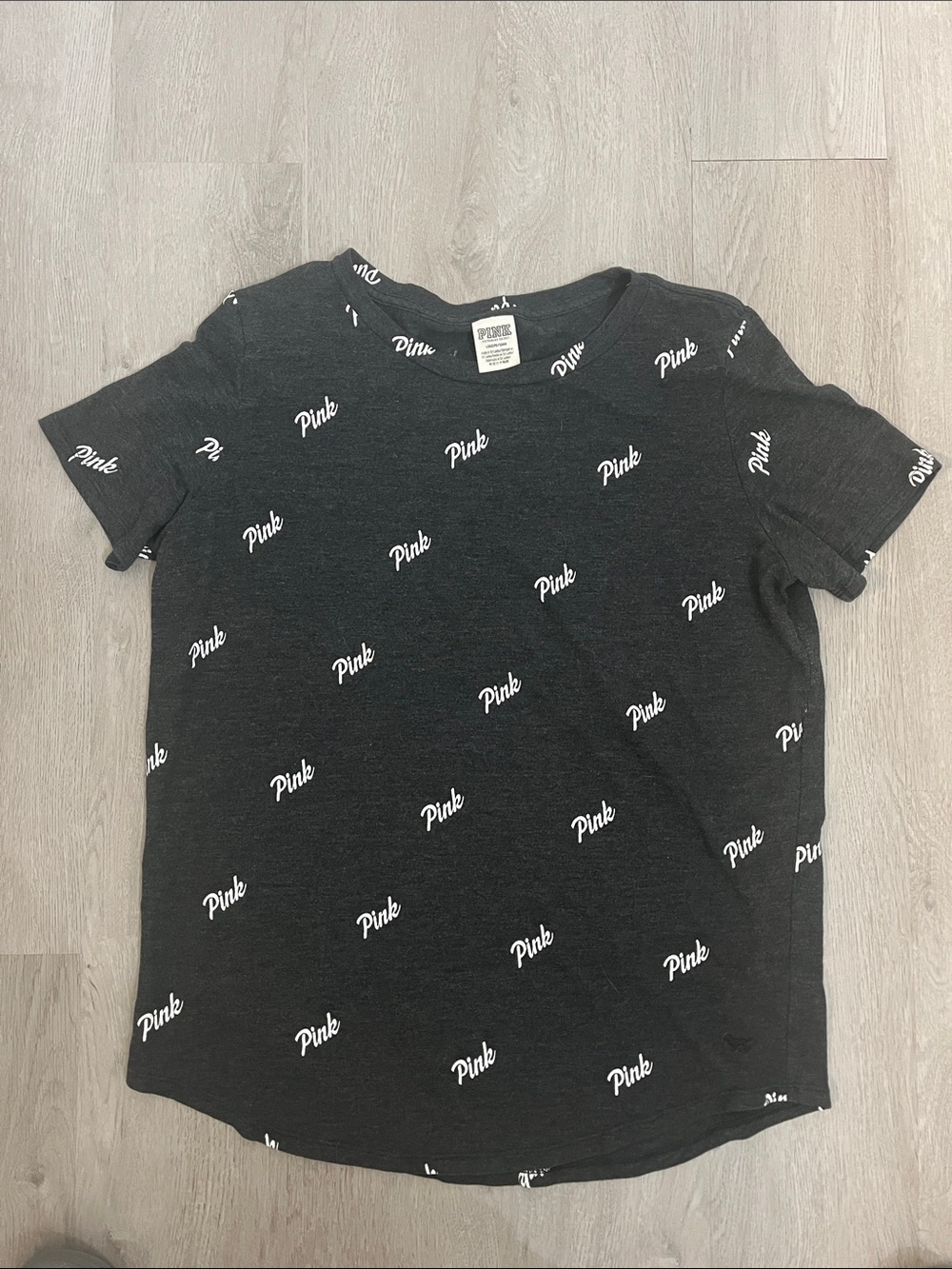 PINK Victoria's Secret Black Tee with White All-Over Logo
